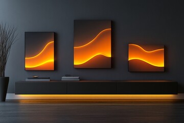 Modern living room with illuminated wall art and sleek furniture in a warm color scheme