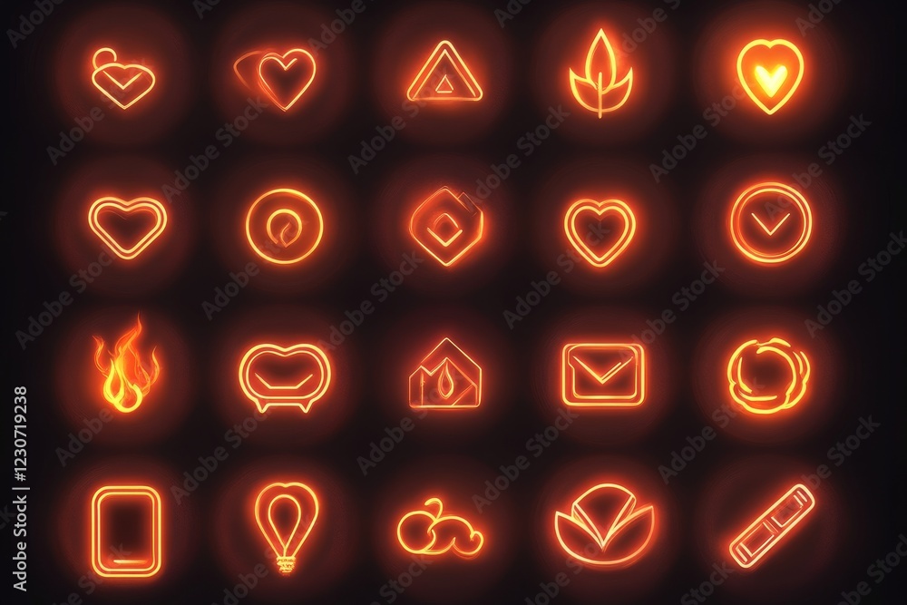 Poster bright neon icons representing various shapes and symbols in an artistic display on a dark backgroun