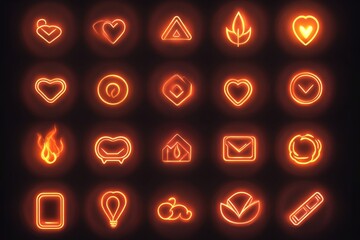 Bright neon icons representing various shapes and symbols in an artistic display on a dark background