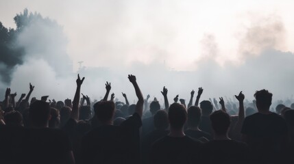 Silhouetted crowd at an outdoor concert, arms raised in excitement against a smoky sky.