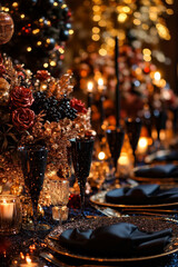 Fototapeta premium A table set for a party with a christmas tree in the background