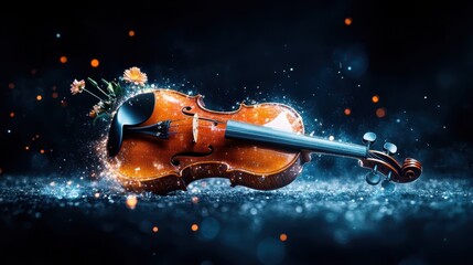 An artistic depiction of a violin adorned with flowers, set against an abstract backdrop, merging...