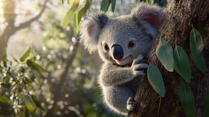 Obraz premium Adorable koala joey clinging to eucalyptus tree in sunlight.