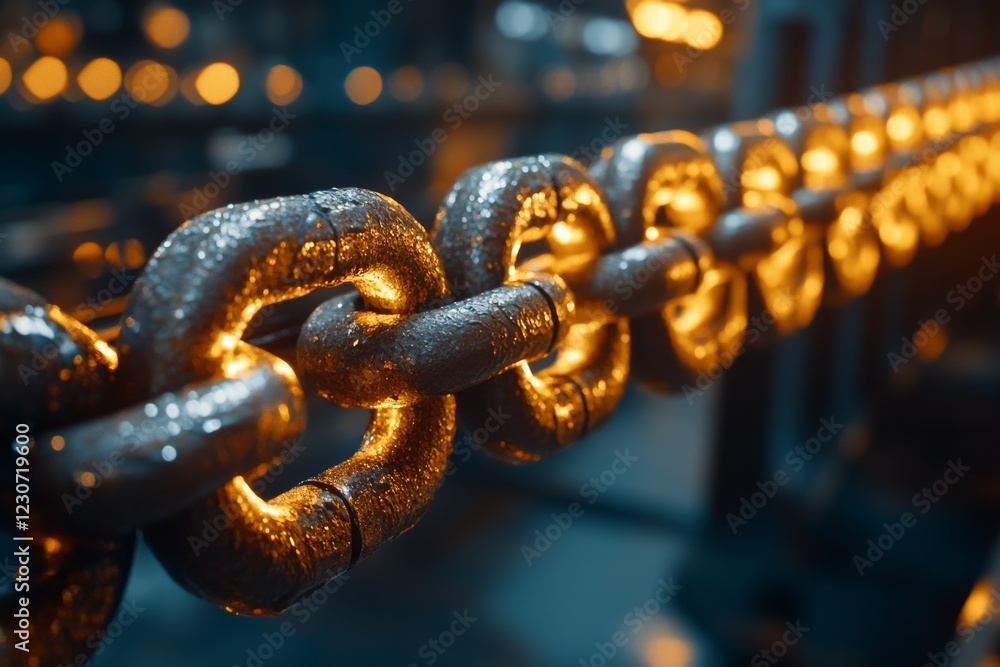 Poster heavy metal chain links illuminated with soft orange light in a workshop setting during nighttime ho