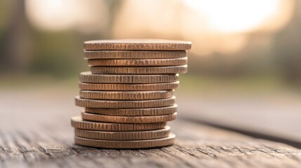 Stack of coins on wooden surface outdoors.