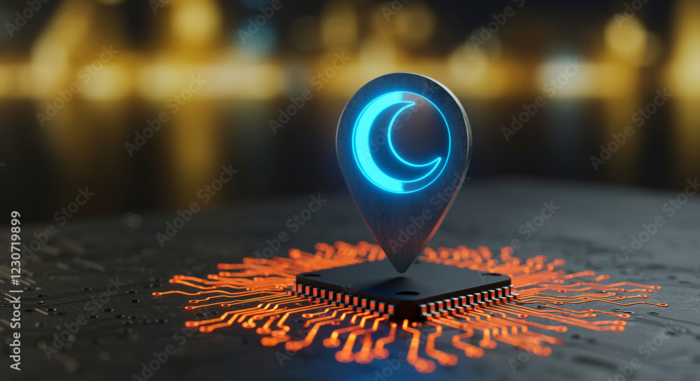 Poster location pin with moon symbol on circuit board. technology location pin on a circuit board