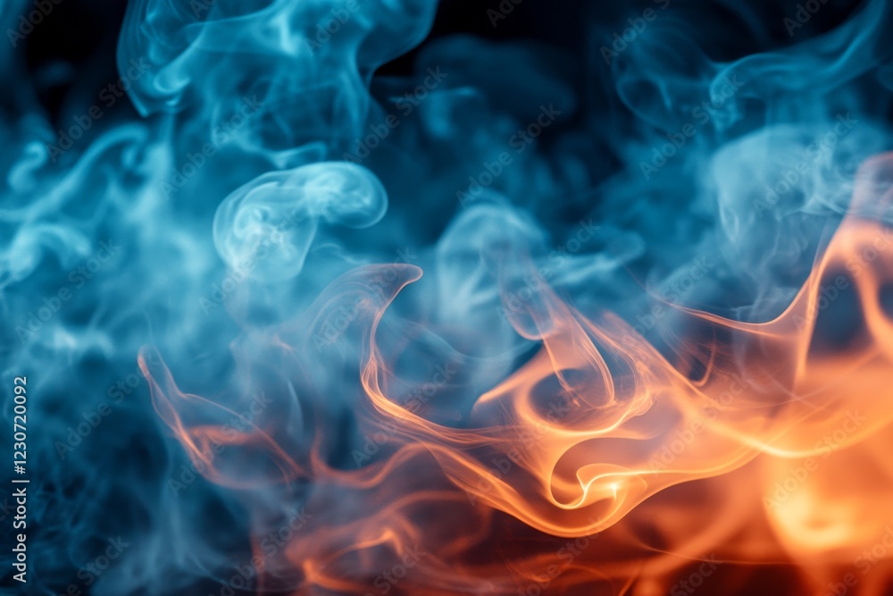 Poster colorful smoke patterns swirl in vibrant blue and orange hues, creating a dynamic visual display