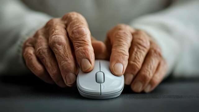 Elderly hands using computer mouse for digital interaction and connectivity