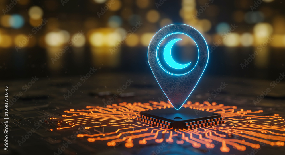 Aufkleber location marker with moon symbol on a circuit board. technology location marker on a circuit board w