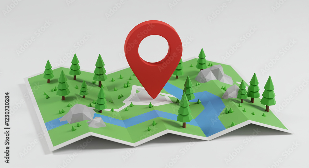 Poster map with red pin on landscape with trees and river. low poly map with red pin on green landscape wit