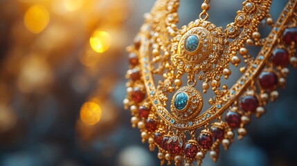 Obraz premium Exquisite golden necklace adorned with gemstones, shimmering in soft sunlight outdoors