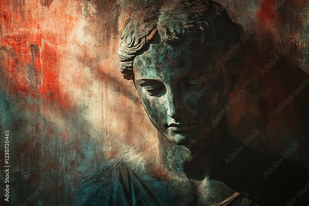 Poster bronze sculpture of a contemplative figure illuminated by soft light in an artistic setting