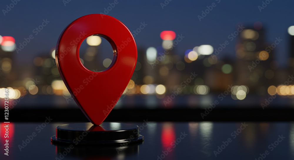 Poster red location pin map marker on dark surface with blurred city lights in background. location pin map