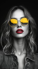Stylish model showcases vibrant sunglasses and bold lips © BrandwayArt