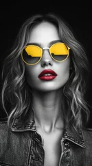 Stylish model showcases vibrant sunglasses and bold lips © BrandwayArt
