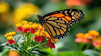 Fototapeta premium Monarch butterfly feeding on lantana flowers.