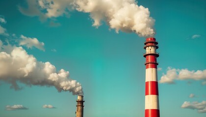 Industrial chimneys emit smoke against bright teal sky. Smoke plumes rise from tall structures. Image evokes themes of pollution, climate change. Represents need for eco-friendly solutions. Image