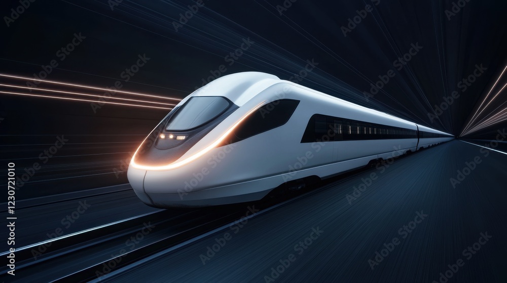 Poster futuristic high-speed train in motion on dark tracks with light trails in a modified perspective vie