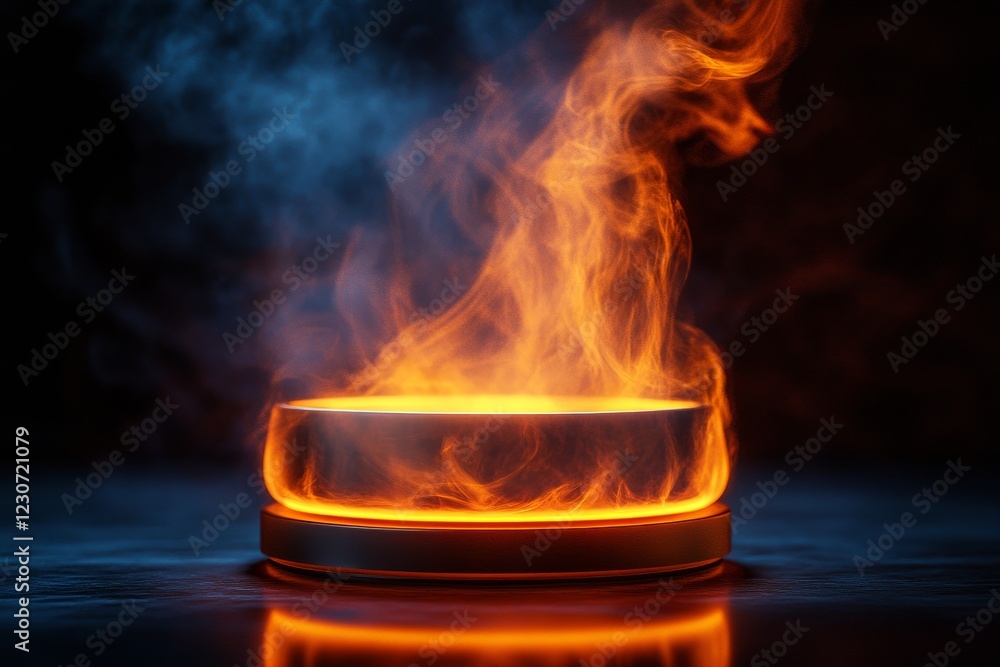 Poster flames erupt from a circular base, creating an intense fiery display in a dark environment