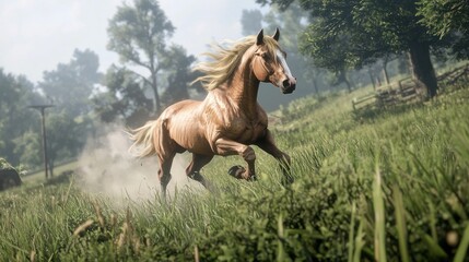 Fototapeta premium Palomino horse galloping across a field.