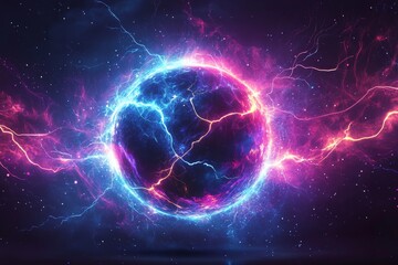 Vibrant energy sphere emitting electric arcs in a cosmic space setting with colorful nebulae and stars