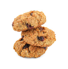 Stack of delicious oatmeal cookies with dried cranberries and nuts isolated on white