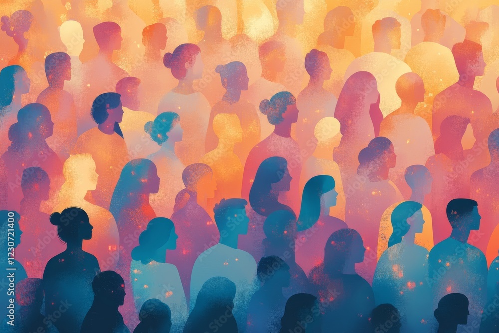Poster abstract representation of a diverse crowd in vibrant colors blending together in unity