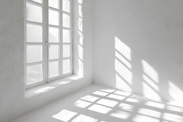 Fototapeta premium Inviting natural light streams through a white window, casting shadows in a minimalistic room during the afternoon