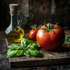 Ripe tomatoes, basil, and olive oil on rustic wood.