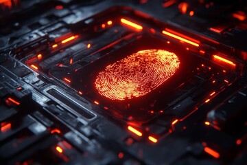 Digital fingerprint technology showcased in a futuristic environment with red glowing elements and intricate circuitry