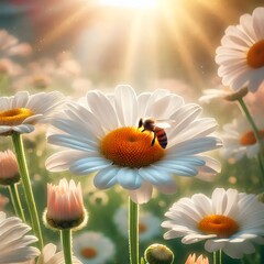 Obraz premium Summer Garden with Butterfly - A bright garden scene featuring a white flower and butterfly in golden sunlight. The composition captures the essence of a perfect summer day.