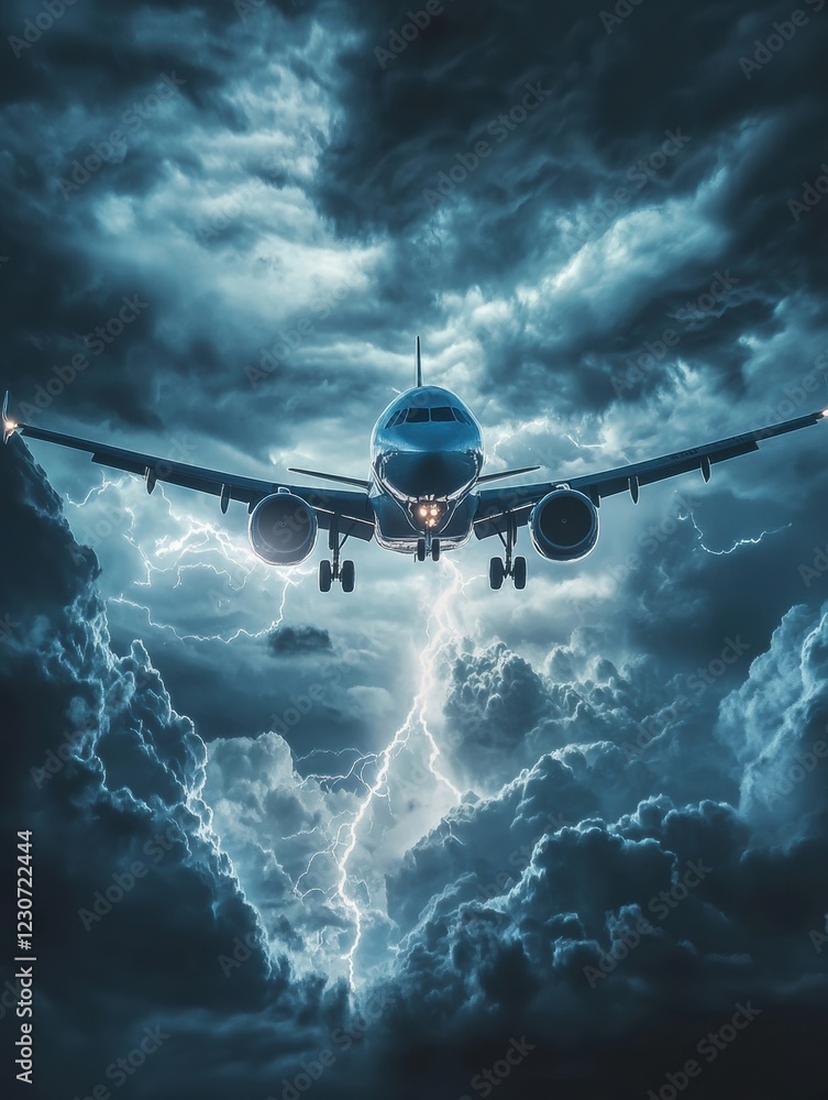 Poster Airplane navigates through turbulent storm clouds with flashes of lightning illuminating the dark sky. Generative AI