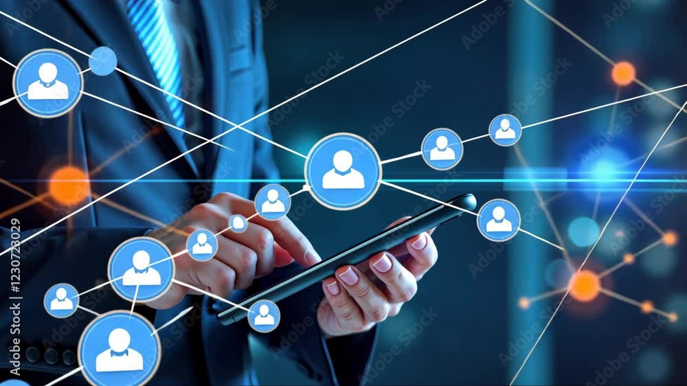 Poster social connection concept. man is using a tablet to draw a network of people. concept of interconnec