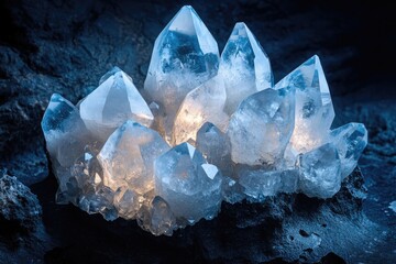 Fototapeta premium Glowing cluster of quartz crystals embedded in dark rock, illuminated from within.