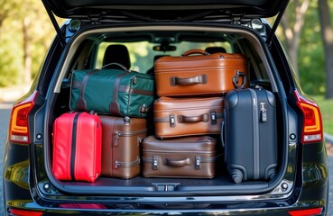 Car trunk loaded with travel suitcases. Vacation gear filled car trunk for trip. Travel luggage ready for summer adventure. Road trip preparation. Packed car trunk. Plenty of baggage for long