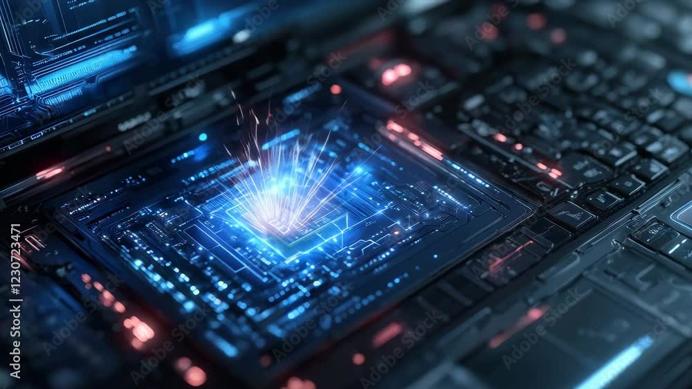 Poster futuristic digital interface with dynamic glowing holographic display