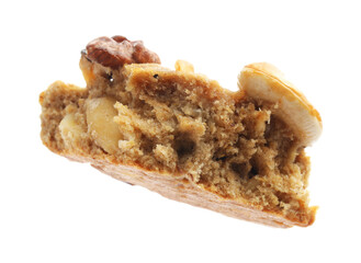 Piece of tasty cookie with nuts isolated on white