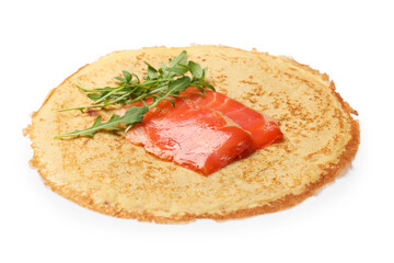 Delicious crepe with salmon and arugula isolated on white