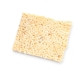 Delicious puffed rice bar isolated on white, top view