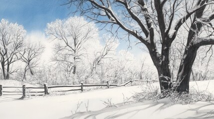 Obraz premium Snowy winter landscape, trees, fence, sunlight, peaceful scene, ideal for winter calendars