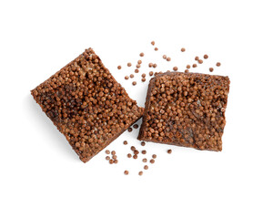 Delicious chocolate puffed rice bars isolated on white, top view