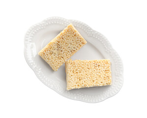 Delicious puffed rice bars isolated on white, top view