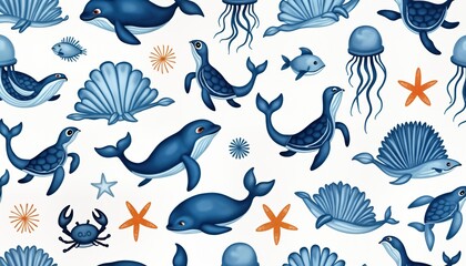 Seamless pattern features cartoon sea animals. Blue watercolor fish turtles whales, corals. Shell aquarium dolphin crab octopus, jellyfish. Starfish also included. Illustration perfect for kids