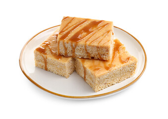 Delicious caramel puffed rice bars isolated on white