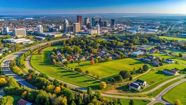 Aerial view of Lexington Kentucky on a clear sunny day over the rolling bluegrass hills and horse farms with the downtown area visible in the distance, aerial view, countryside