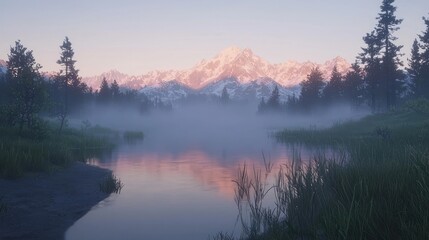 Fototapeta premium Misty dawn over tranquil lake reflecting snow-capped mountains.