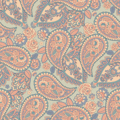 Floral seamless pattern with paisley ornament. Vector illustration in asian textile style