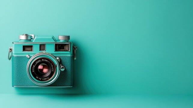 Naklejki A stunning display of a classic vintage camera set against a solid aqua background, evoking feelings of nostalgia and the passion for capturing moments in time.