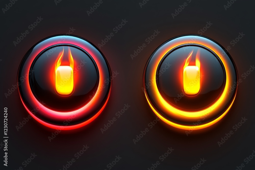 Poster Vibrant toggle buttons with glowing flames representing on and off states for user interface elements