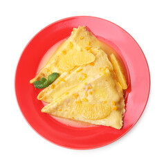 Plate with tasty crepes Suzette isolated on white, top view